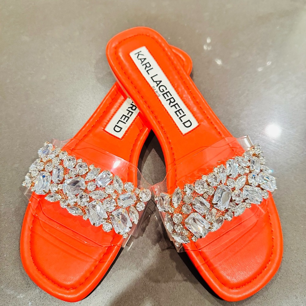 Karl Lagerfeld Paris Neon Orange Crystal Slide Sandals